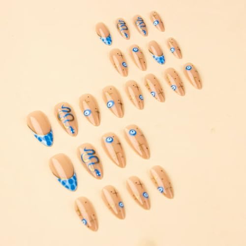 Image of Snake Press on Nails Medium Almond Fake Nails Blue French Tip False Nail with Silver Line Design Star Glue on Nails Artificial Acrylic Nail Full Cover Nude Stick on Nail for Women Manicure 24Pcs