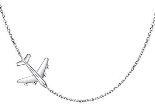 Airplane Sideways Choker Necklace S925 Sterling Silver Aircraft Jelwery Adjustable Chain 15+3 Inch for Women Girls, Best Gifts for Stewardess Flight Attendants (Choker)
