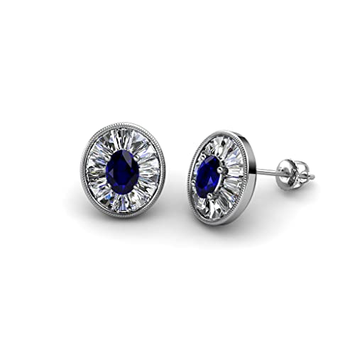 Oval Cut Blue Sapphire & Baguette Natural Diamond 1.24 Ctw Women Milgrain Halo Stud Earrings 14K White Gold #TOP5