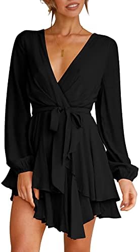 Cosonsen Womens Ruffle Dress Tie Waist Deep V-Neck Long Sleeve Swing Short Dress Black XXL