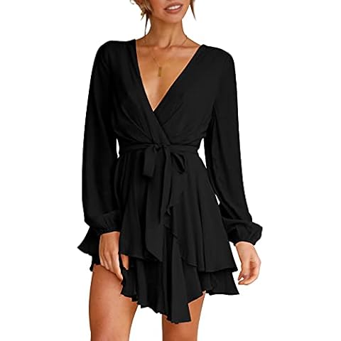 Cosonsen Womens Ruffle Dress Tie Waist Deep V-Neck Long Sleeve Swing Short Dress Black XXL Cover