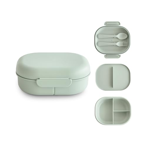 Image of mushie Kids Bento Lunch Box | 3-Compartment & Removable Divider + Fork & Spoon Utensils | Great For Meals, School, Snacks On-the-Go | Dishwasher Safe (Sage)