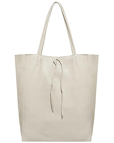 Image of Genuine Italian Leather Tote Bag for Women, Large Slouchy Purse, Beige | Unstructured bag, raw unlined interior with zip pocket, top zipper, side ties, folds flat, fits a 16-inch laptop, lightweight