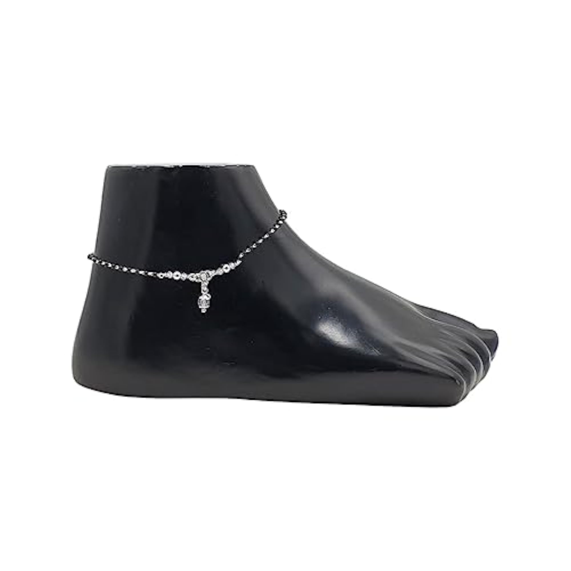 Women's 925 Sterling Silver Rhodium Nazariya Anklet with Black & Silver Beads