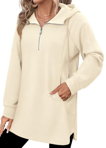 onlypuff Women Hoodie Pullover Trendy Quarter Zipper Lapel Sweatshirts Drawstring Cute Hooded Tunic Tops with Side Pockets