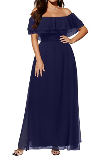 Plus Size Formal Dresses Women Navy Blue Wedding Guest Maxi Long Bridesmaid Evening Off The Shoulder Chiffon Flowy Dress