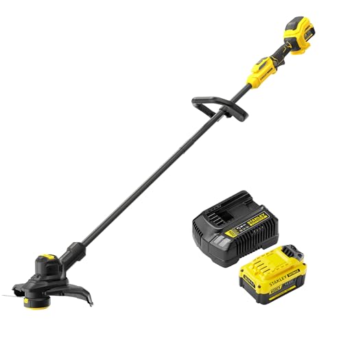 STANLEY FATMAX V20 | 18V Brushless String Trimmer Kit 4.0Ah - 28 Or 33cm Cutting Swath, 2mm Single line, Second Handle for Added Comfort, Grip, and Control, Up to 7,200RPM, 4.0Ah Battery, 2A Charger