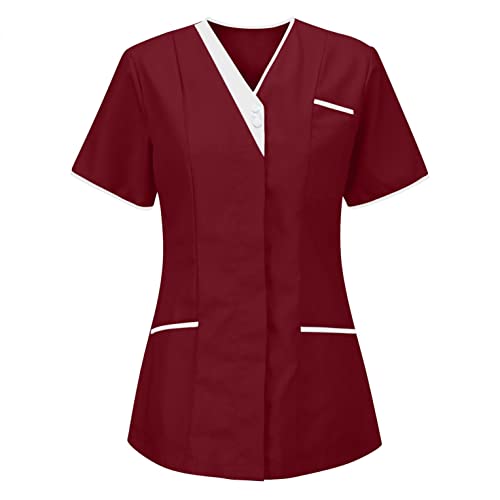 BUDAOWENG Vêtements Médicals Blouse Médical Femme Chat Imprimee Soins Infirmiers Uniforme Manches Courtes Dessin Chat Motif Tunique Médicale De Travail Col en V Infirmière Poches Top Uniforme Cover