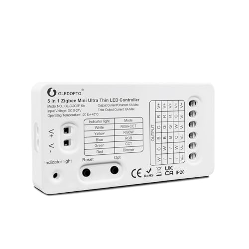 GLEDOPTO ZigBee 3.0 DC5-24V Mini 5 in 1 RGBCCT RGBW RGB CCT Dimmer LED Strip Light Control 6A Max for PWM Dimming LED Strip Compatible with Hub Bridge Conbee Tuya Smart Life App Control (Hub Required)