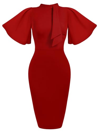 Mokayee Womens Collar Ruffle Sleeve Bodycon Church Cocktail Pencil Midi Dresses with Pockets