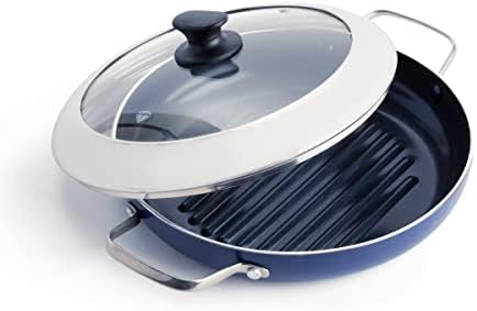 Blue Diamond Cookware Diamond Infused Ceramic Nonstick 11″ Grill Genie Pan with Lid PFAS-Free Dishwasher Safe Oven Safe Blue