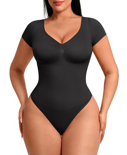 FeelinGirl Short Sleeve Bodysuit for Women V Neck Tummy Control Shapewear Seamless Thong Body Suits Tops
