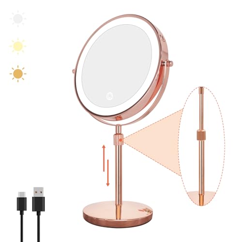 Nicesail LED Makeup Mirror 10X Magnification, 8 Inch Light Magnifying Mirror with 3 Color Light, Height Adjustable Brightness Vanity Mirror with Stand, 360 Rotation Double Sided for Make up, Rose Gold