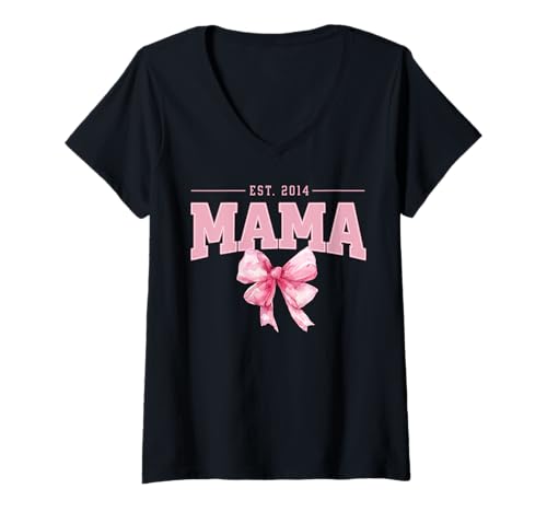 Mujer Mama Est 2014 Coqueta Rosa Arco Retro Mamá Día de la Madre Camiseta Cuello V