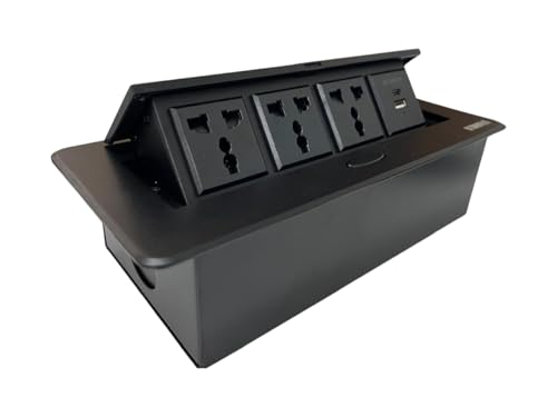 Image of Audiovan Hydraulic Cable Cubby Pop Up Conference Box, Cable Manager Socket Electrical Box With 3 Power Socket and 2 USB socket A+C type Charger (Black popup Box 3 Power)