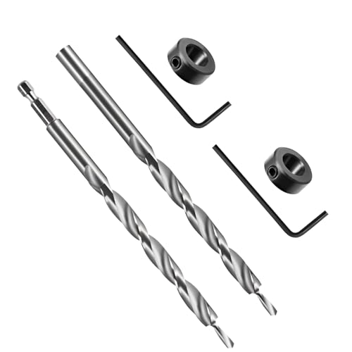 Pocket Hole Drill Bit Set 9.5mm (3/8”) –2 Pcs HSS Twist Step Drill Bit 1/4” Hex Shank and Round Shank with Depth Stop Collar–for Wood Hole Cutter Drilling DIY Plastic