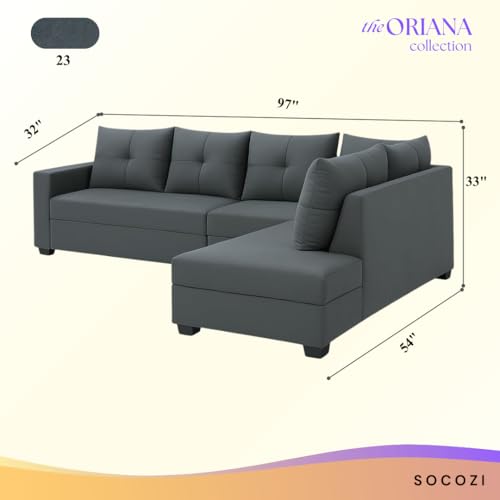 Image of SOCOZI Oriana 6 Seater RHS L Shape Sofa Set | Soft Velvet Suede Fabric | Modern Design | Plush Comfort Cushions for Living Room (Dark Grey)