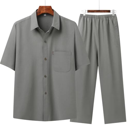 Men's Suit Set (Top + Pants) Solid Color Silk Loose Half Sleeve Casual Shirt Suit4