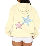 AKLOPVII Women Y2k Cute Star Graphic Embroidery Oversized Fleece Hoodies Striped Plaid Patch Pullover Hooded Sweatshirt Cream