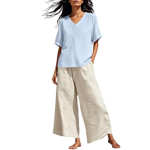 Survêtement en lin broderie ample style bohème chic avec poches - 2