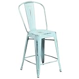 Flash Furniture 24'' High Distressed Green-Blue Metal Indoor-Outdoor Counter Height Stool with Back