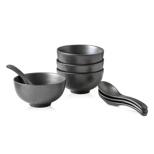 Stone lain Valencia Porcelain 8-Piece Round Bowl and Spoon Serving Set, Metallic Grey