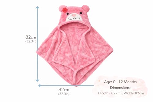 Image of First Kick Baby Hooded Blanket for Newborn (0-12 Months) - Soft 240 GSM Flannel Baby Wrap, Cute Bear Hood Baby Bath Towel & Swaddle, Lightweight Warm Crib & Travel for Infants - 82 x 82 cm Pink