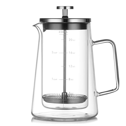 Pasdrucn 350 ml/650 ml/1 l cafetera de cristal, doble capa de cristal, prensa francesa pequeña, cafetera con filtro, prensas de café, té y cafetera pequeña (0,65 L)