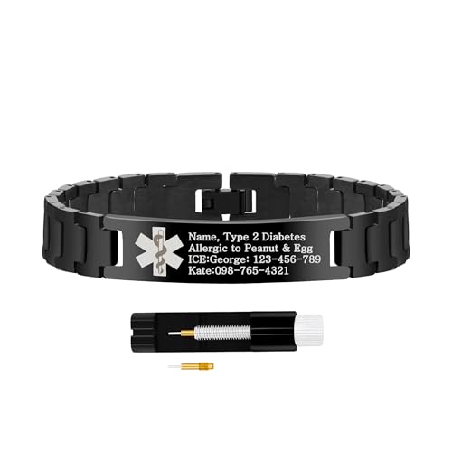 Uloveido Stainless Steel Medical ID Bracelet for Men and Women | Free Engraving Watch Band Style Alert Wristband | Personalized Medic ID Bracelet for Dad | Includes Link Remover