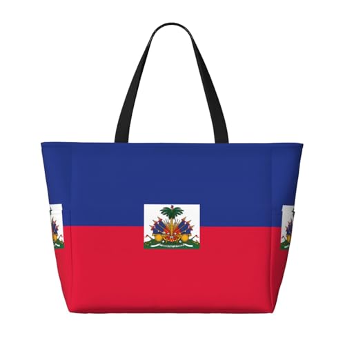 Haitian flag Large capacity beach bag with zipper, perfect for grocery bag pool gym travel shopping foldable beach travel bag,2