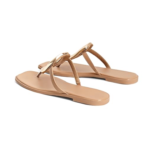 Image of Wnshonzy Flip-Flops for Women Thong Sandals Flat Slip on Slides Beach Comfort Open Square Toe Ladies Slipper Dressy Metal Hardware Decoration Summer Shoes Casual Fashion