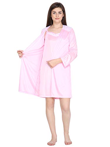 Image of Klamotten Satin Nighty and Robe Two Piece Navy Blue Women Nightdress