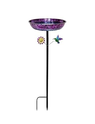 Bird Bath for Outside, 11 Inch Colorful Purple&Blue Metal Birdbath Bowl Decorated Hummingbird Flower Freestanding Garden Bird Bath Feeder Outdoor Decor Yard Art