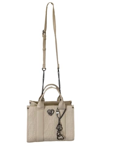 Betsey Johnson XO EVE Allover Skull Embossed Small Chalk Bone Faux Leather Triple Entry Satchel W/Pewter Metal Skull Heart Insignia & Detachable Studded 3 Hearts Dangle Crossbody Shoulder Bag2