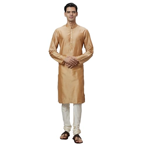 Image of Ethnix by Raymond Men Regular Fit Solid Pattern Solid Pure Polyester Full Sleeve Stand Collar Kurta Only