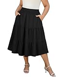 Younrui Women's Black Plus Size Skirt with Pockets Elastic Waist Swing Tiered Lightweight Casual Midi Summer Skirts(3XL-1045-Black)
