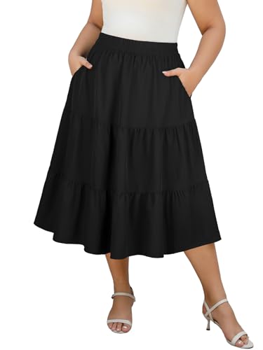 Women's Plus Size Casual Summer Midi Skirt with Pockets 1X-4X Tiered Lightweight A-line Skirts