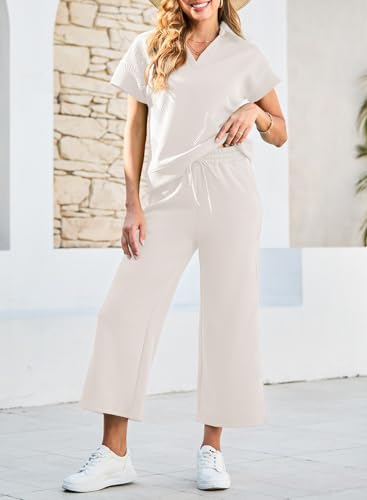 Dokotoo Women's 2 Piece Outfits Sweatsuit Casual Lapel Collar Short Sleeve Tops Drawstring Wide Leg Pant Lounge Sets3