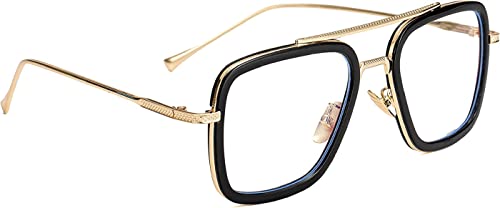 Image of Blue Light Blocking Blue Cut Zero Power anti-glare Rectangular Eyeglasses, Tony Stark Frame for Eye Protection from UV by Computer /Tablet /Laptop /Mobile (GOLD)(TONY GOLD CLR BLUE CUT BZ)