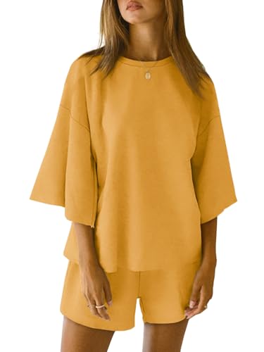 Image of Tankaneo Womens Pajama Sets 3 /4 Sleeve Oversized Tops & Loose Fit Shorts Lounge Set with Pockets Loungewear