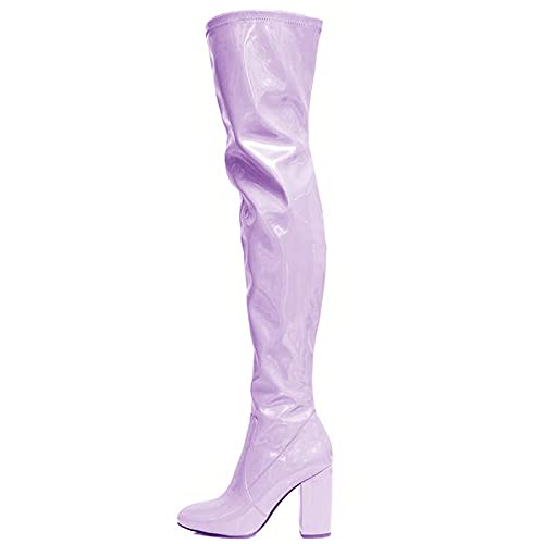 YIYA Women's Over The Knee Chunky Heel Boot Fashion Bright Patent Leather Thigh High GOGO Boots Purple