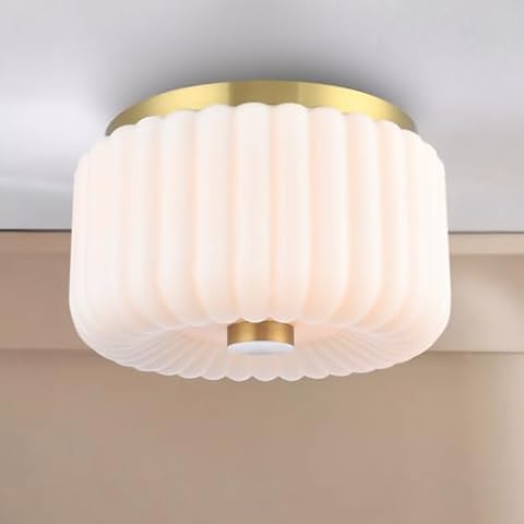 Brass Semi Flush Mount Ceiling Light Fixture, Pumpkin Style Frosted Glass Vintage Close to Ceiling Light Fixture, Modern Indoor Light Fixtures Ceiling Mount for Bedroom, Living Room, Room Decor Lamp Cover