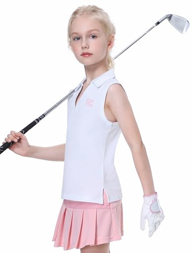 Image of EXARUS Girls Golf Polo Tennis Shirts Sleeveless Kids V-Neck Tank Tops | Equestrian UPF 50+ Quick Dry Clothes