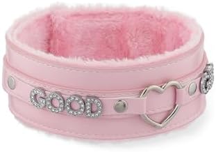 ADEMISHIA Rosa Flauschiges Herz O-Ring Leder Choker Halsband für Frauen, handgefertigte Punk Gothic Buchstaben Halskette, verstellbarer Modeschmuck