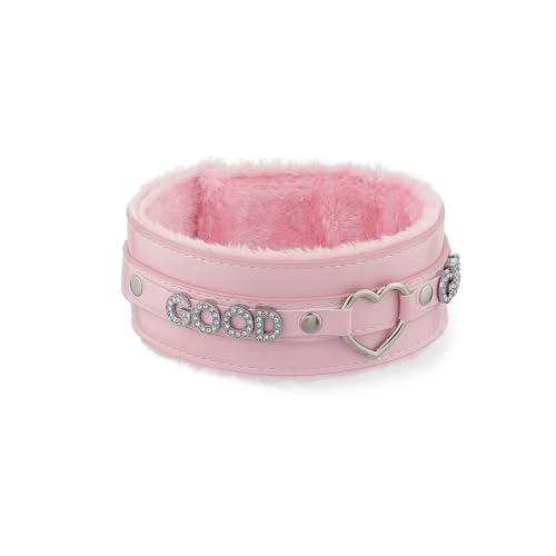 Pink Furry Heart O-ring Leather Choker Collar For Women, Handmade Punk Gothic Letter Necklace Adjustable Fashion Jewerly2