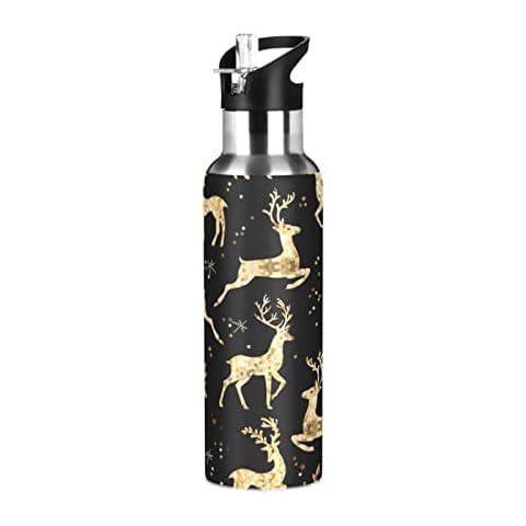 Sport Water Bottle Vacuum Insulated Stainless Steel Handle Water Jug with Straw for Running Bicycle Travel Gym Outdoor Double Wall Sweat-proof Hot and Cold Thermos 20oz, Christmas Deer Gold Black Cover