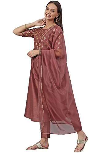 Image of Janasya Women's Brown Poly Silk Foil Print Kurta with Pant and Dupatta