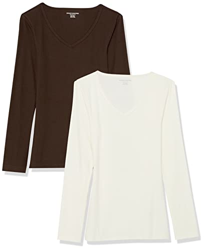 Image of Amazon Essentials Women's Slim-Fit Long Sleeve V-Neck Knit Rib Shirts, Pack of 2