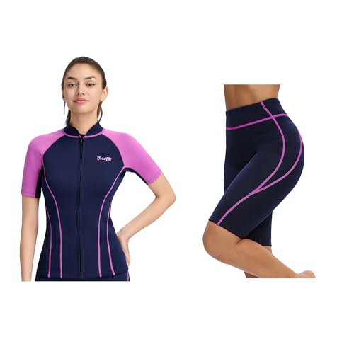 GoldFin Women Wetsuit Tops and Shorts 2mm Scuba Swimming Diving Snorkeling Water Aerobics Fuchsia(Tops L, Shorts L) miniatura 1