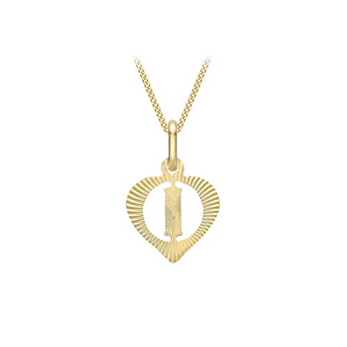CARISSIMA Women's 9ct Yellow Gold Diamond Cut 'I' Initial Heart Pendant on Curb Chain - 46cm/18'